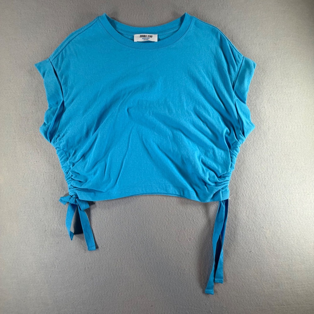 Double Zero Women's Ruched Side Tie Crop Top Size M‎ Turquoise Blue Cotton Shirt